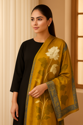 A woman wearing a black outfit and a mustard yellow printed dupatta with a floral design.